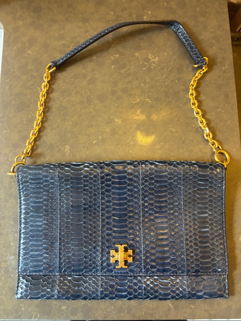 Tory Burch Navy Python-Embossed Leather Shoulder Bag with Gold Chain